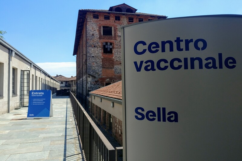 The entrance to the Sella group vaccination hub at Lanificio Maurizio Sella